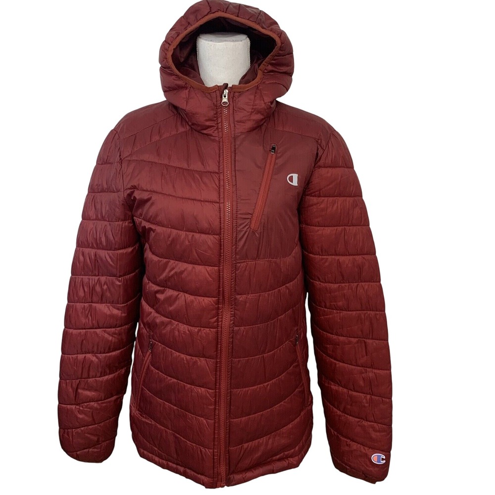 Champion Puffer Jacket Woman Small Hood Maroon Full Zip Pockets Packable Active